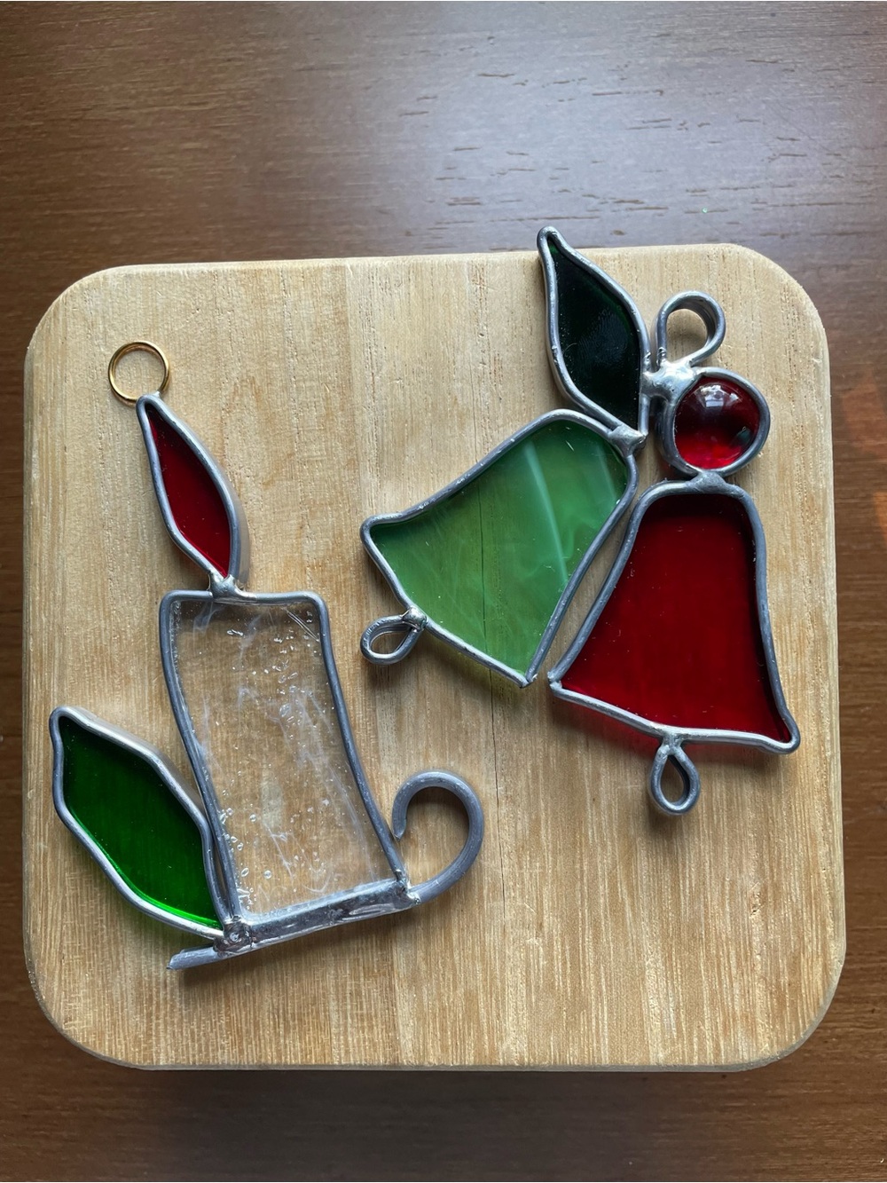 Set of 2 Stained Glass Christmas Bells and Candle 4.5" and 3.5" Suncatchers